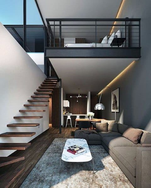 luxury loft ideas with floating staircase design