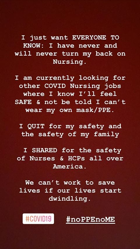 Insatgram Story Nurse Quits Covid 19