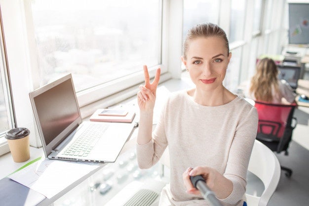 Beautiful Office Worker Is Taking Selfie Showing Peace Sign 152404 2649