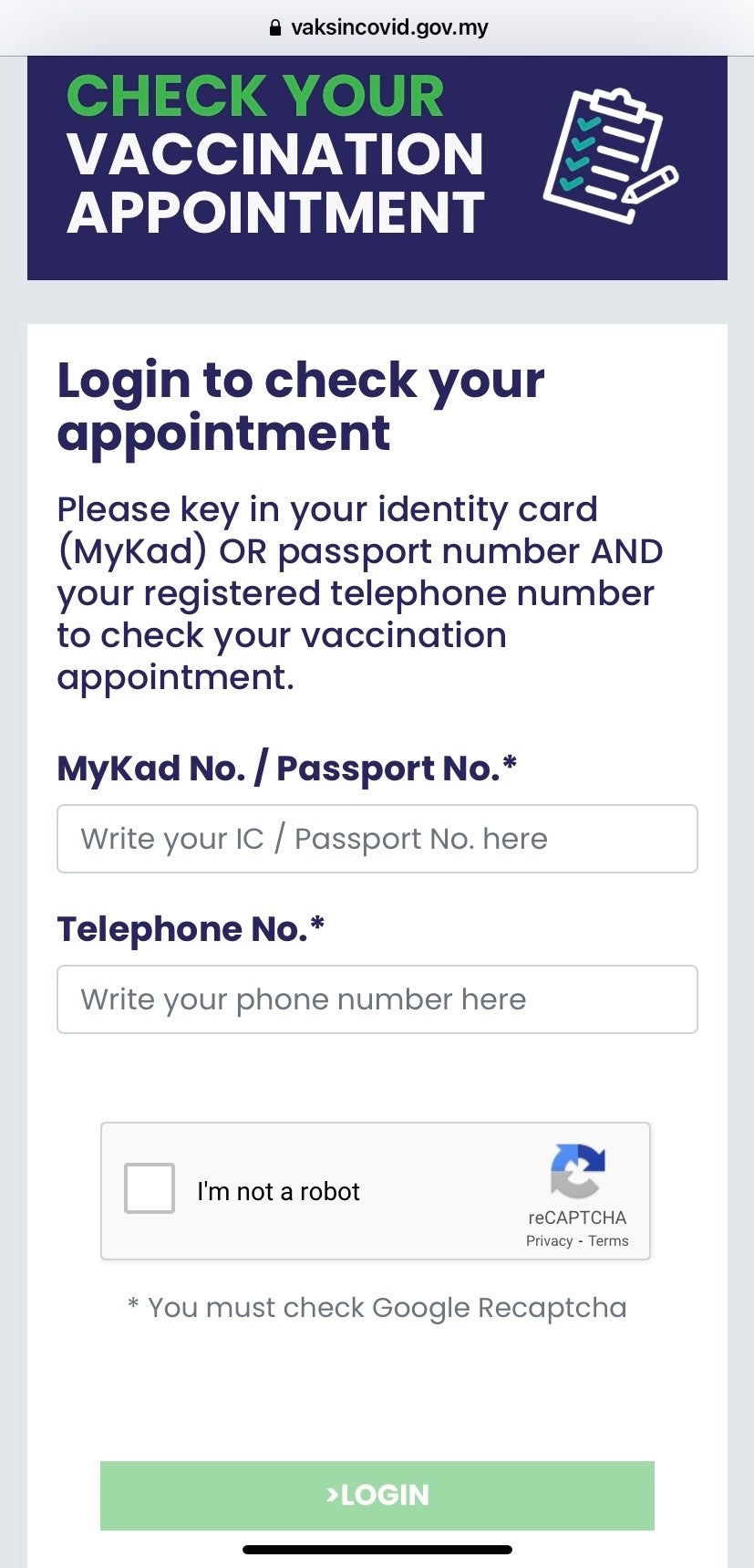 Login To Check Your Vaccination Appointment