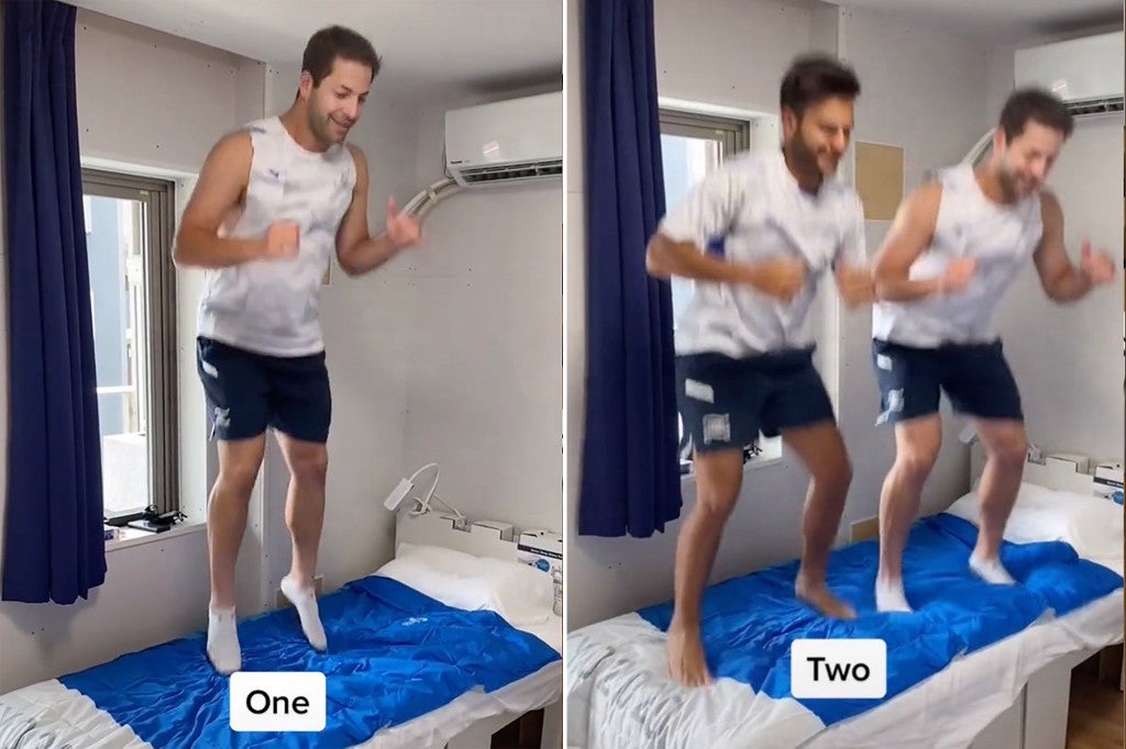Israel Olympic baseball players jump and break cardboard bed 1