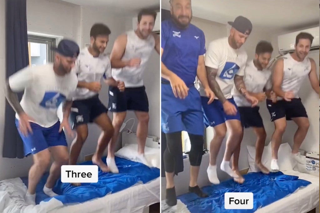 Israel Olympic baseball players jump and break cardboard bed 2
