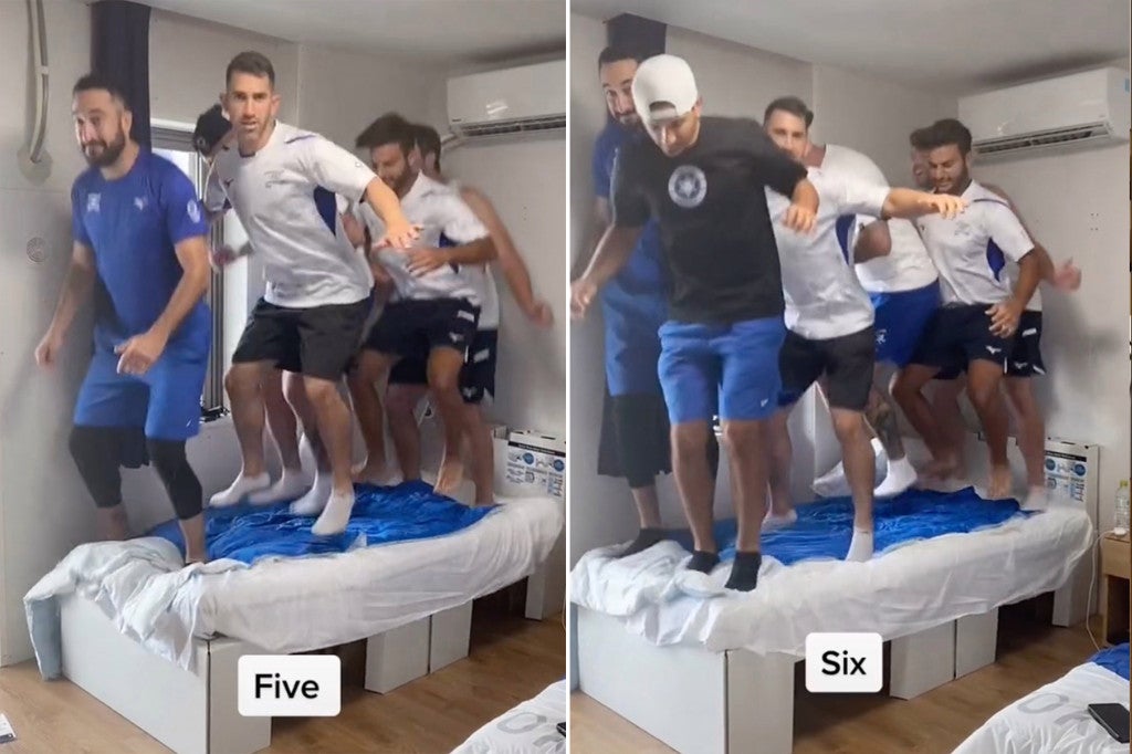 Israel Olympic baseball players jump and break cardboard bed 3