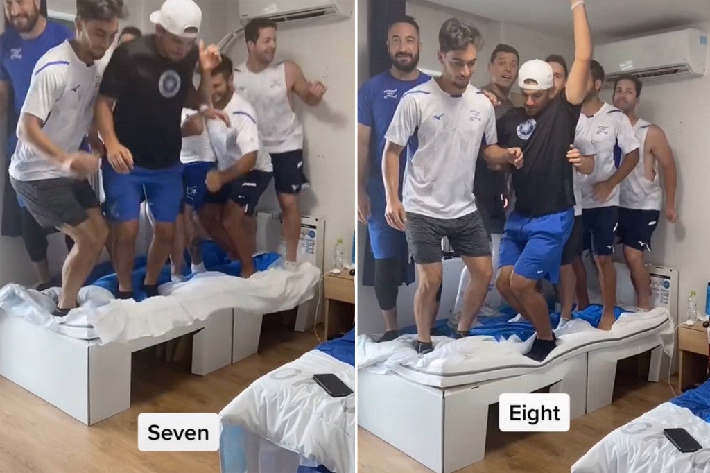 Israel Olympic baseball players jump and break cardboard bed 4