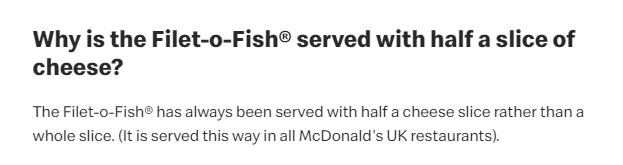 McDonalds Filet O Fish burger only has half cheddar cheese reason 2