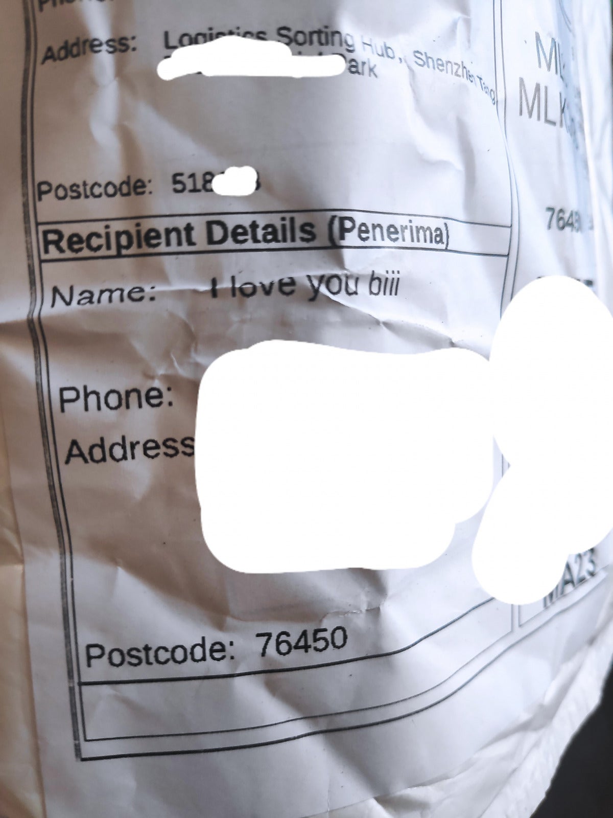 Receiver Name I Love You Biii on parcel
