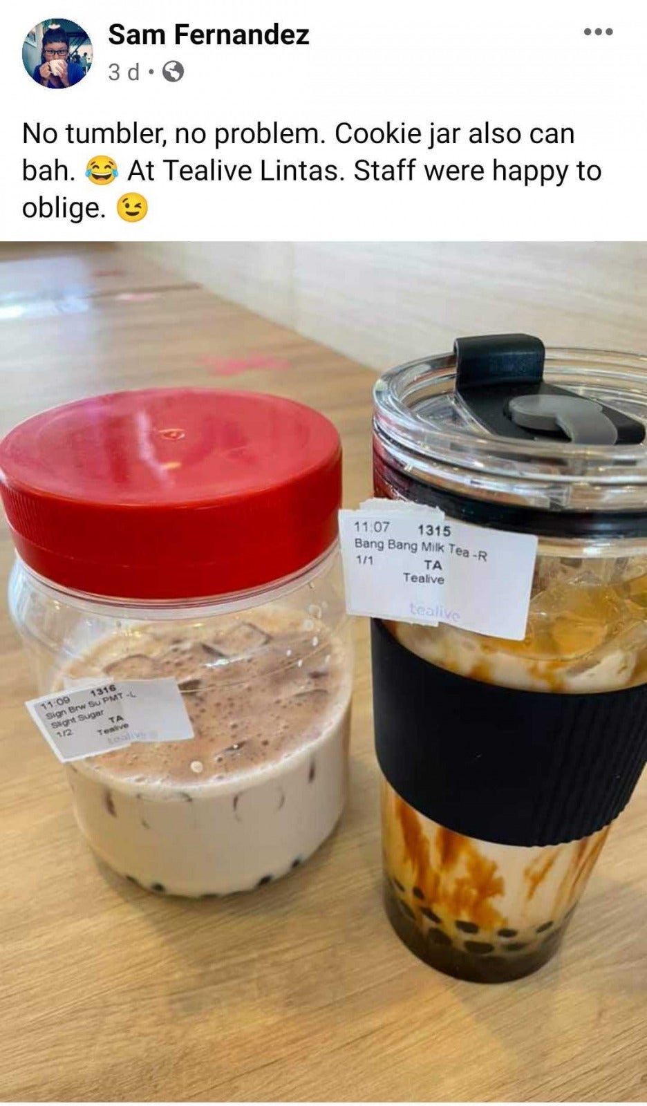 Facebook Woman use cookie jar to tapau Tealive boba tea