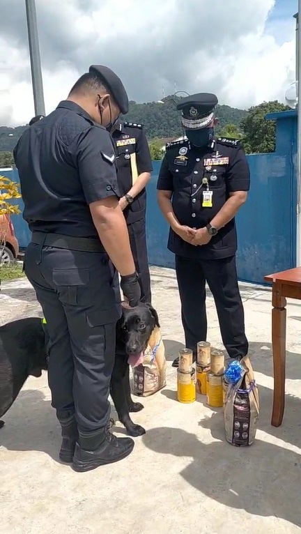 SS7 PDRM Dog Black receiving cans and treats during gratitude ceremony