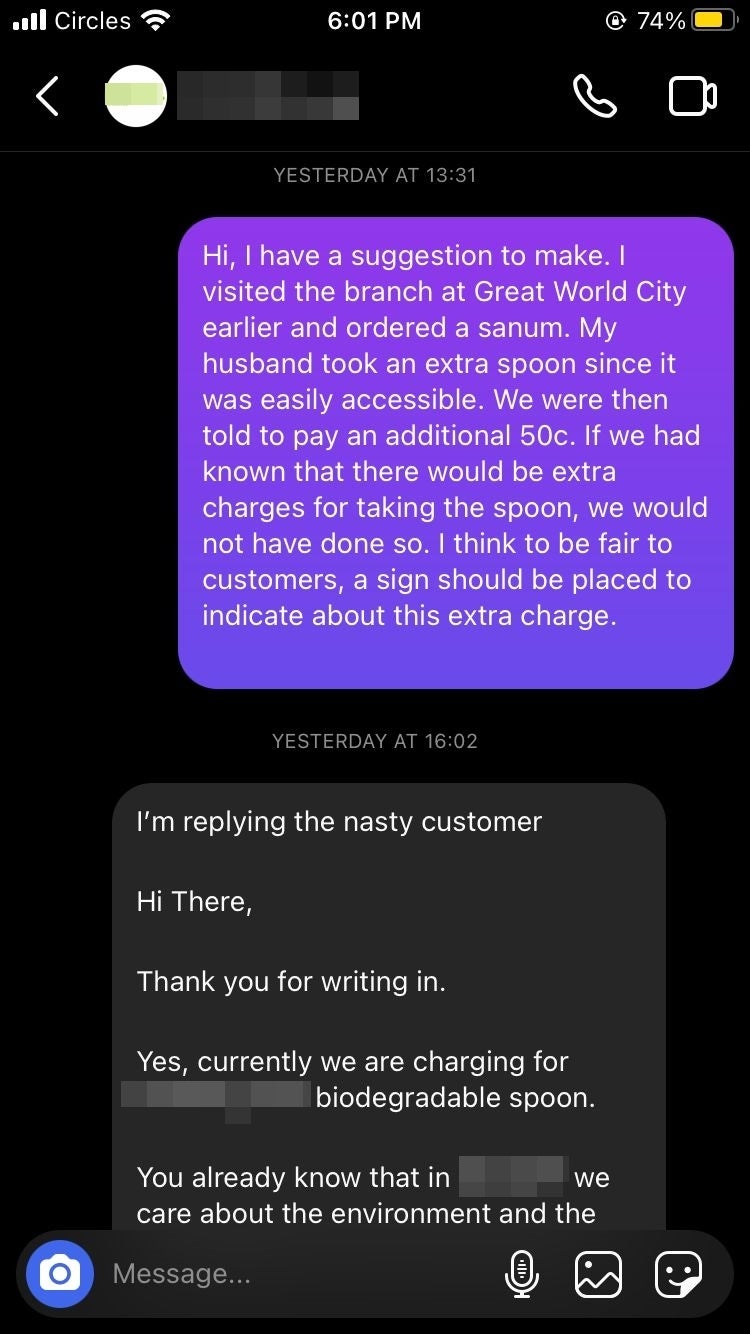 llaollao accidentally called customer nasty when giving feedback on spoons in instagram message 1