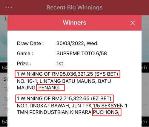 jackpot winner toto result