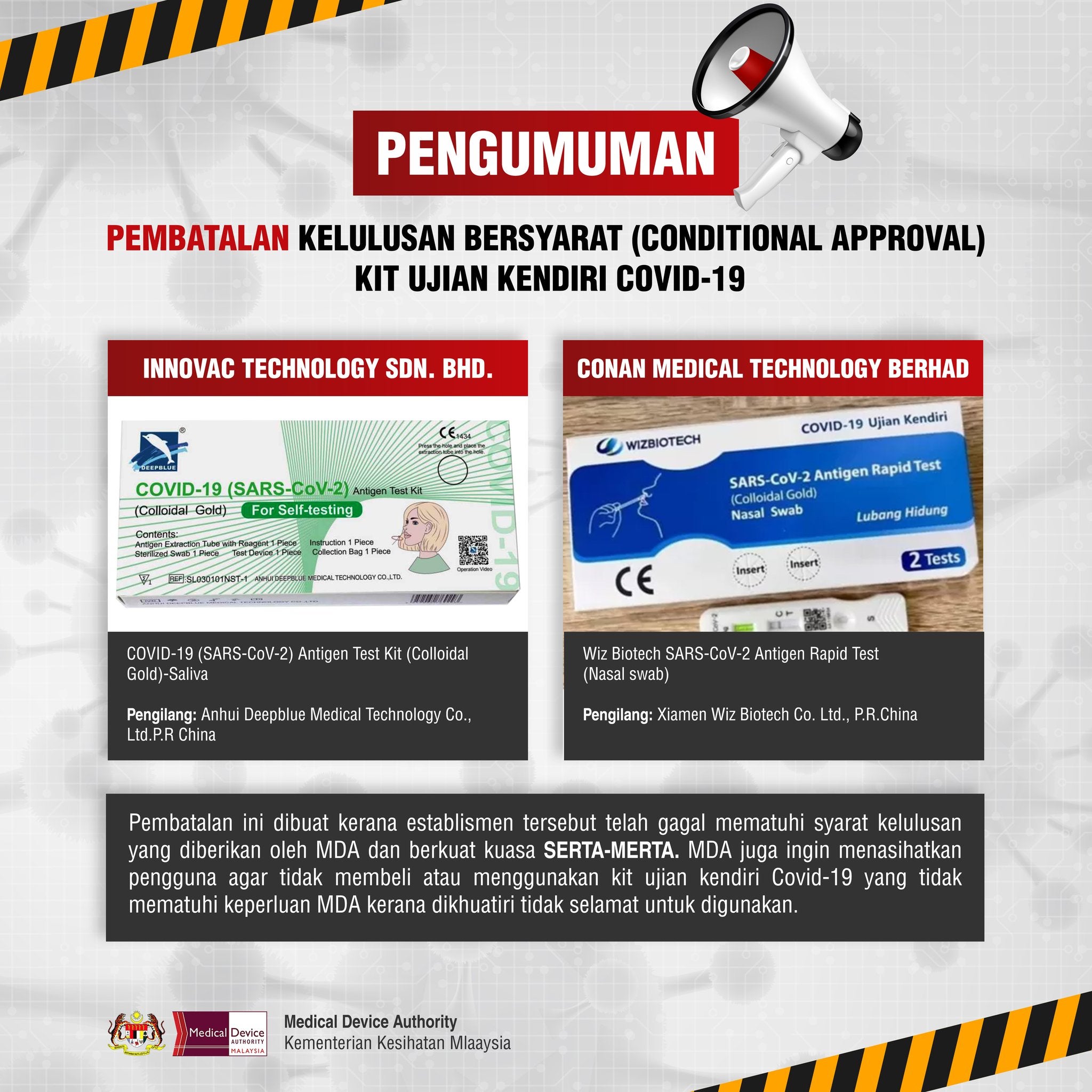 KKM banned 2 types covid test kit