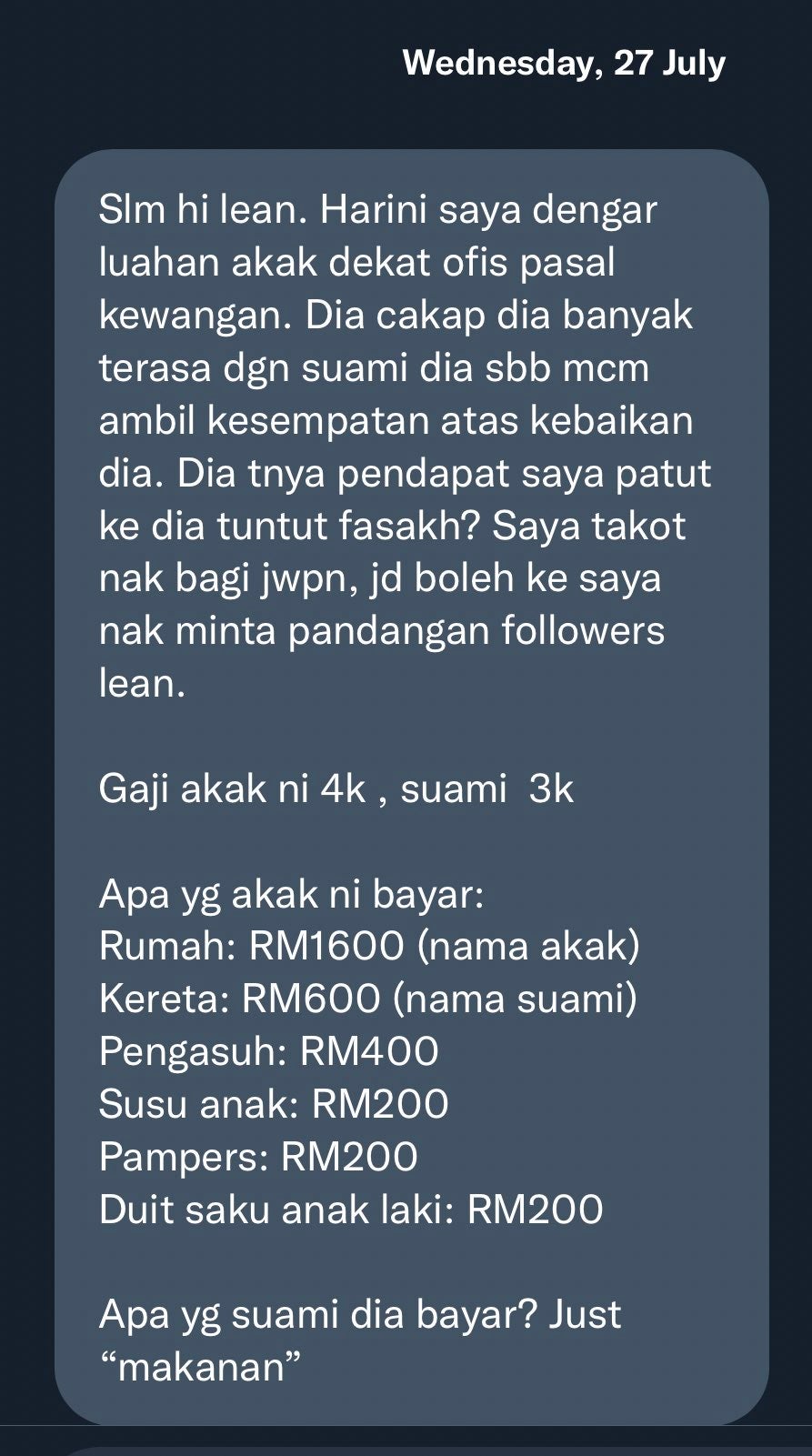 wife salary rm4000 husband rm3000 house loan money spend