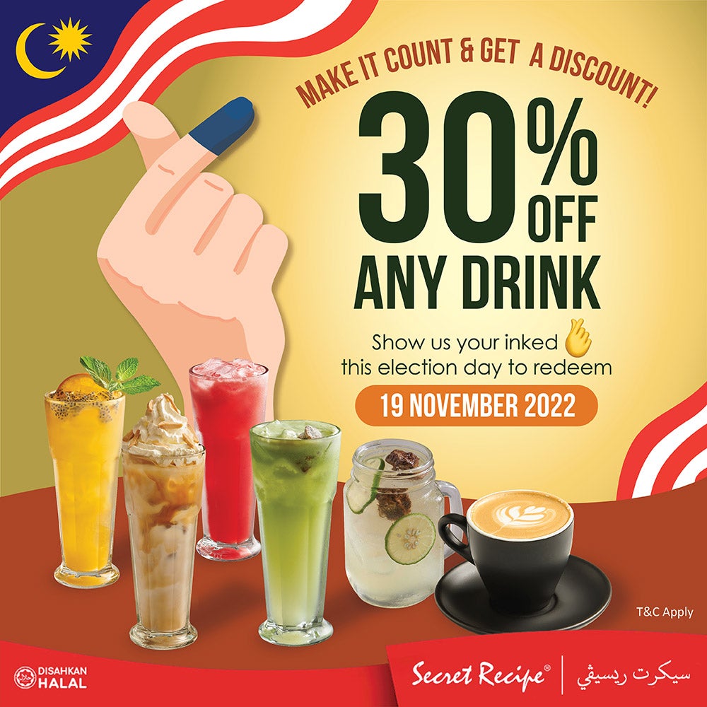 Secret Recipe 1119 Voting Day Promotion All Drinks 30 Off
