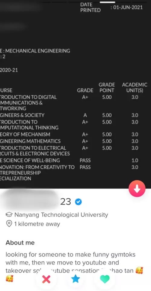 tinder app user man attached academic results university transcript on profile