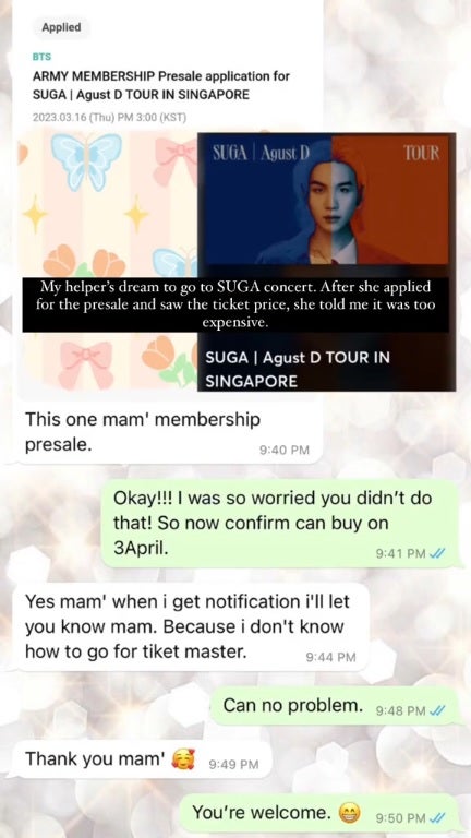 SS 1 sg employer help helper buy bts suga concert ticket surprise