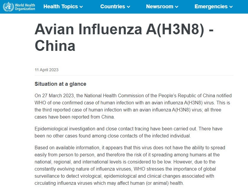 WHO H3N8 case china guangdong died
