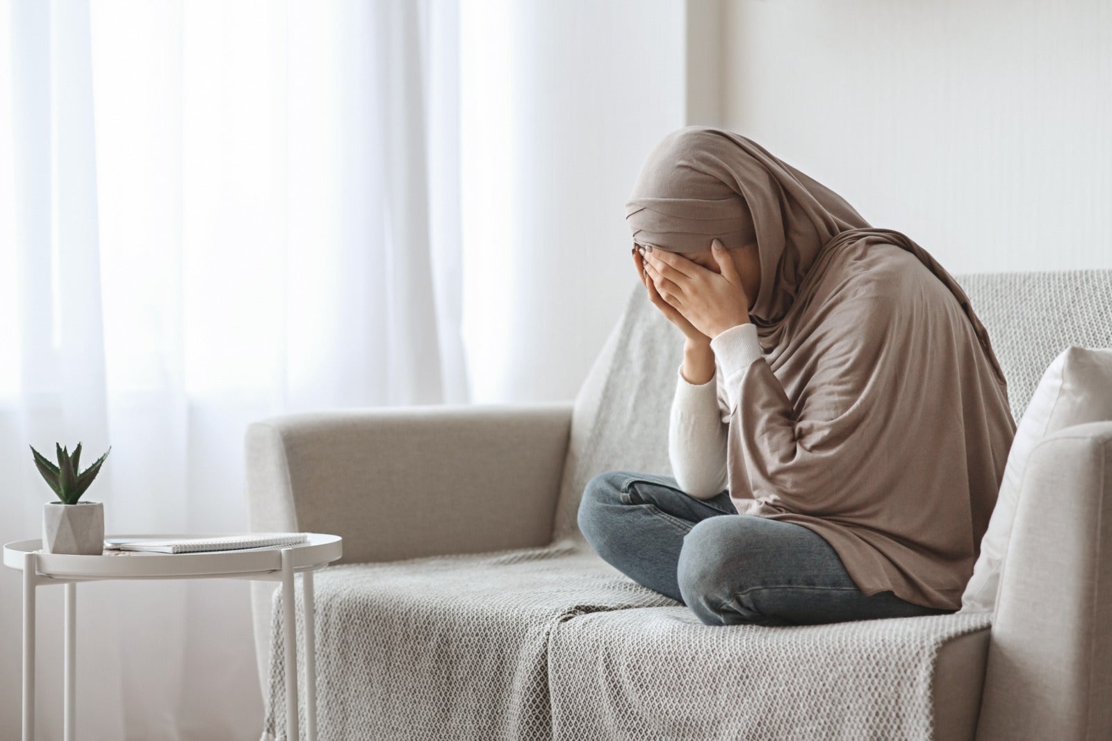 Muslim Young Woman Sitting Sofa Crying Cover Face