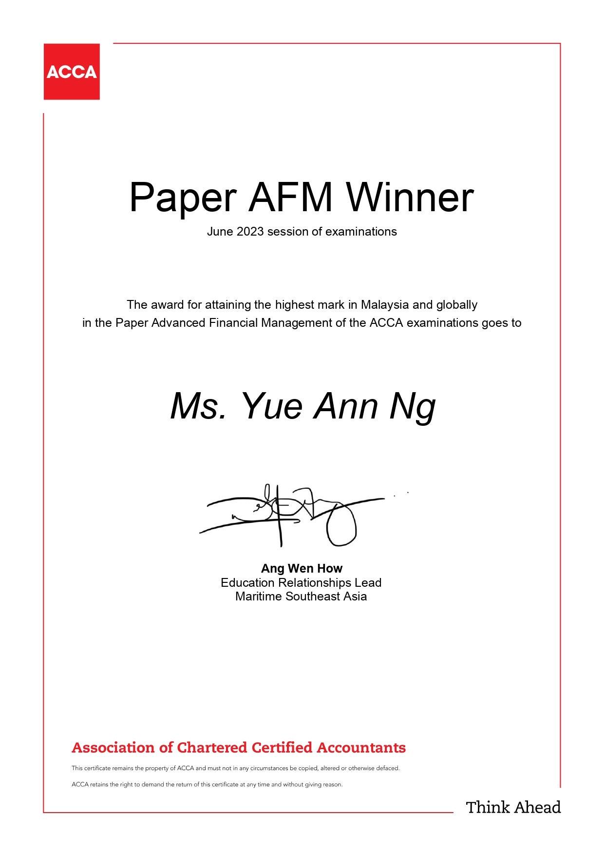 ACCA AFM global and malaysia prizewinner ng yue ann utar congrats certificate