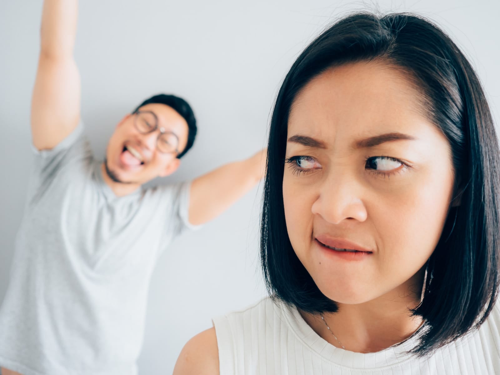 123rf wife annoyed by husband bring funny raise hands armpit smelly