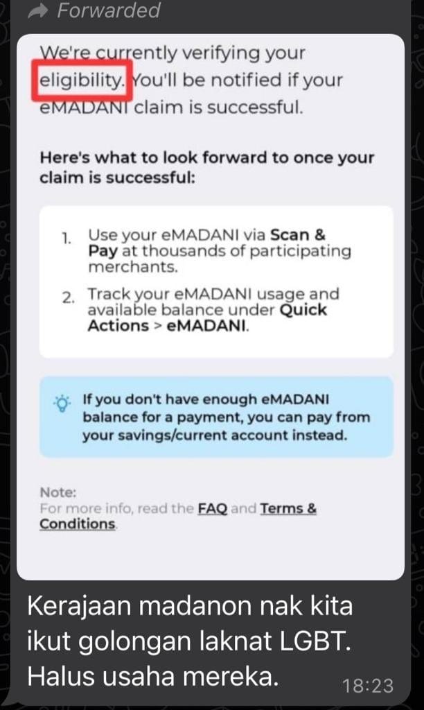 Eligibility words Netizens Claim eMadani supports LGBT in viral whatsapp text message