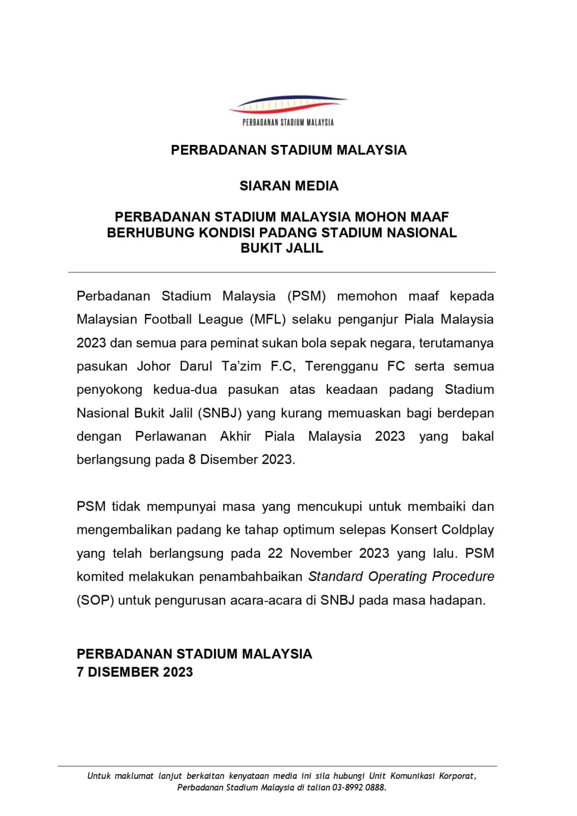 PSM apologize for stadium nasional bukit jalil field condition