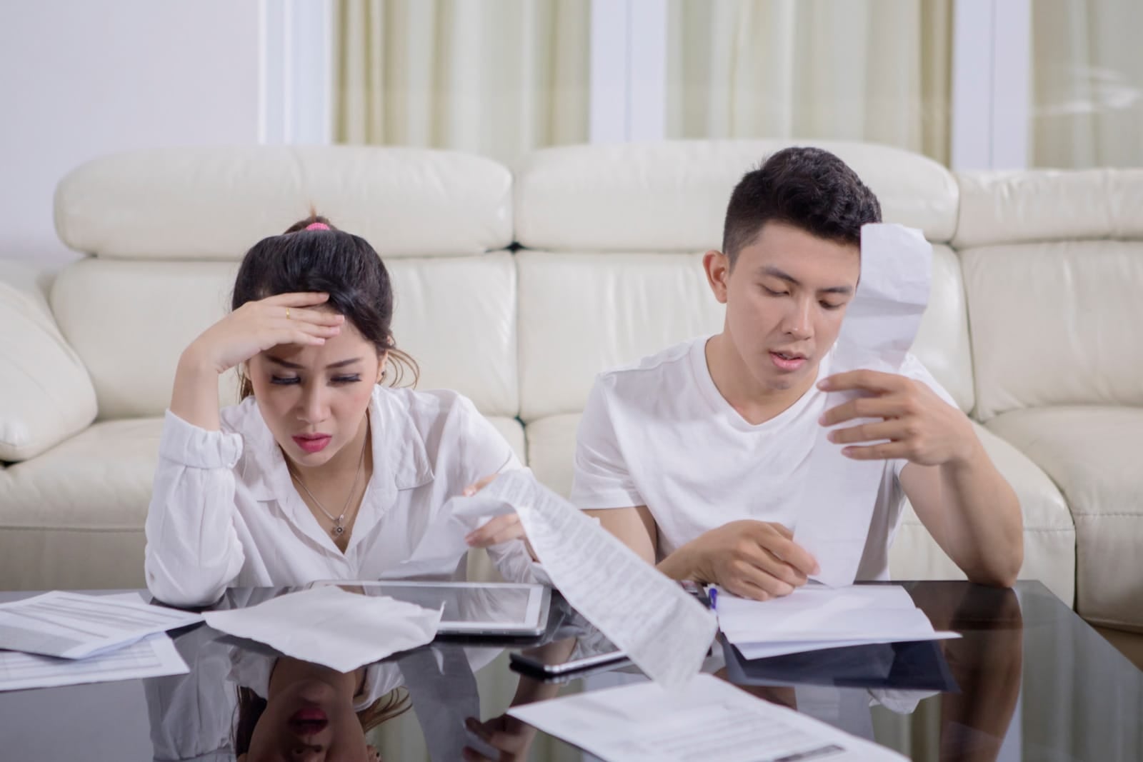 123rf asian couple husband wife stressed financial problem checking bills