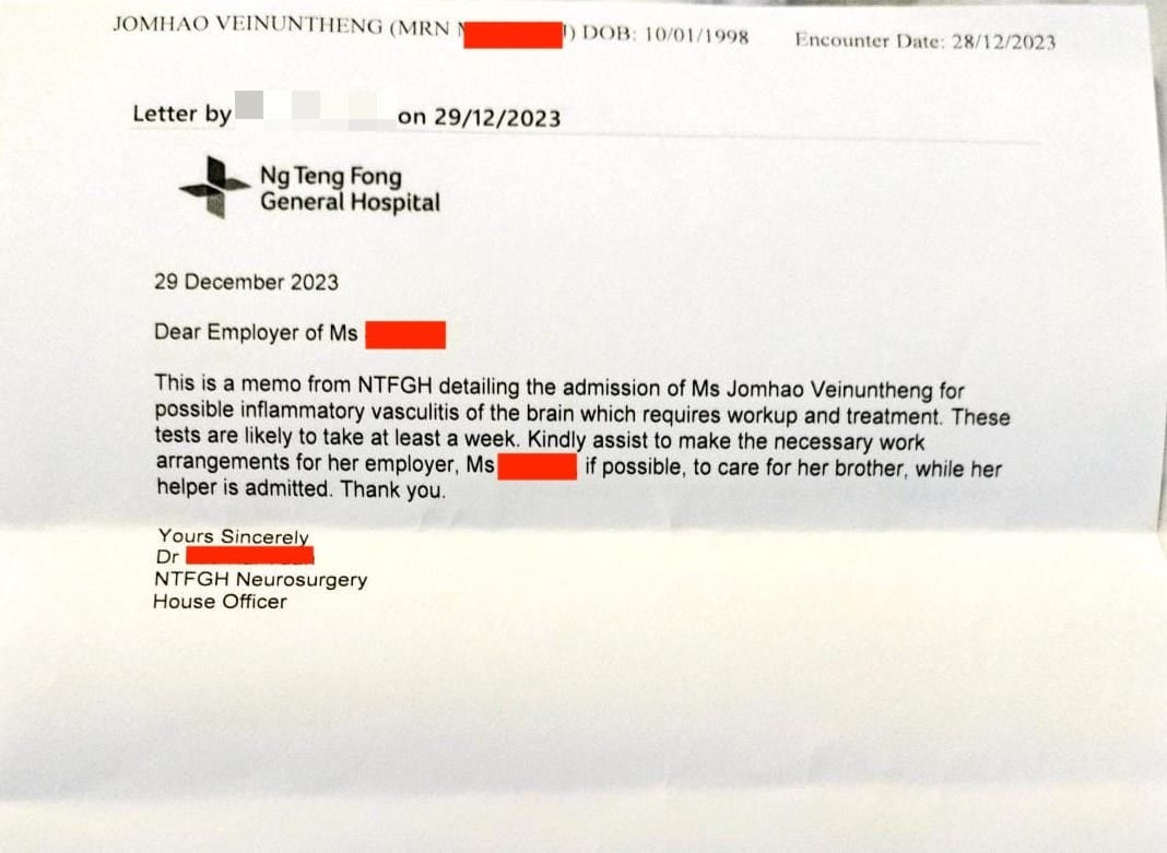 jomhao veinthutheng maid in singapore fall sick hospital letter