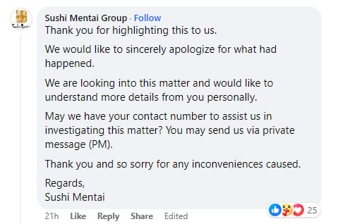 Sushi Mentai Apologized