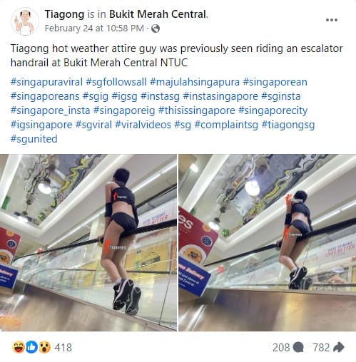 man rides escalator singapore wearing shorts and crop top facebook