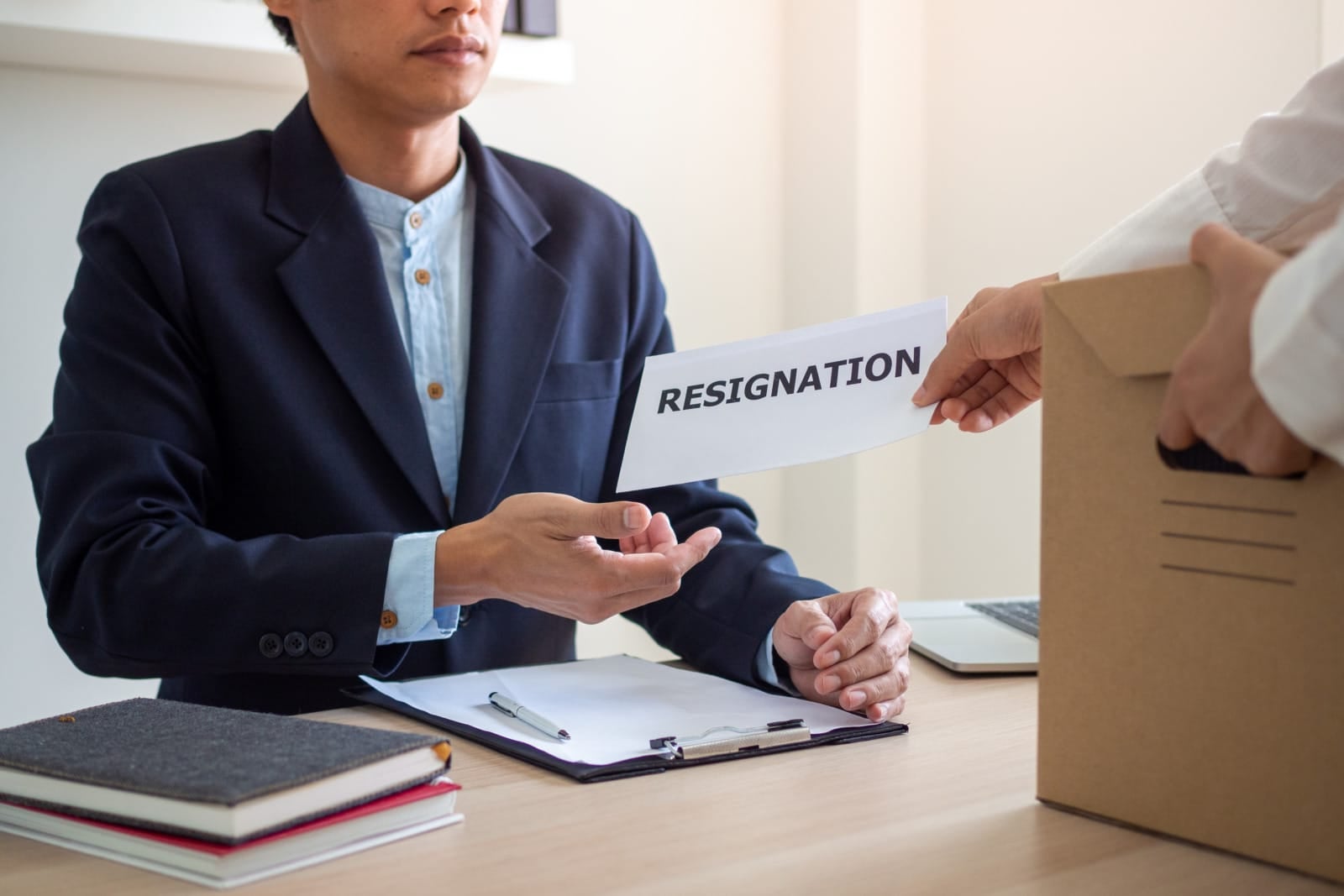 Employee Woman Handing Resignation Letter To Boss Reach Out 123Rf