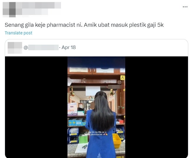 netizen pharmacist put medicine into plastic salaary rm5000