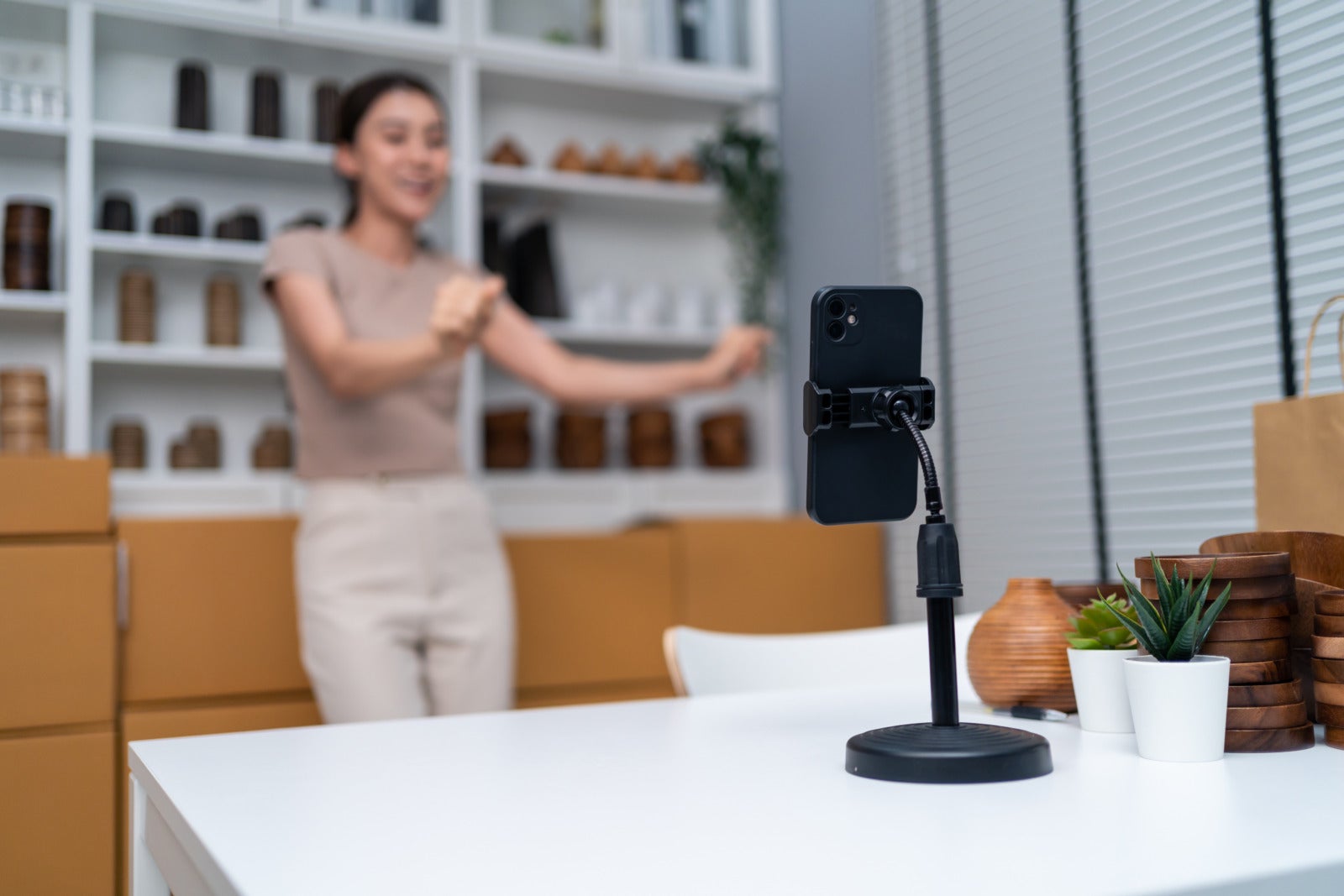 Content Creator Dancing In Front Of Table Phone Recording Camera 123Rf