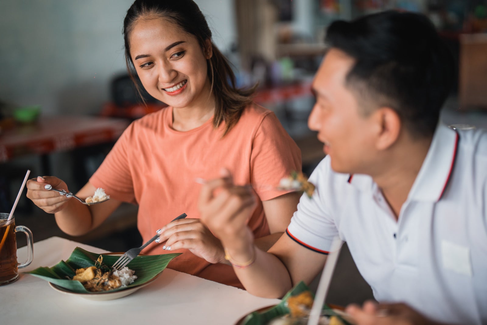 Couple Woman Man Asian Eating Rice Side By Side Restaurant 123Rf