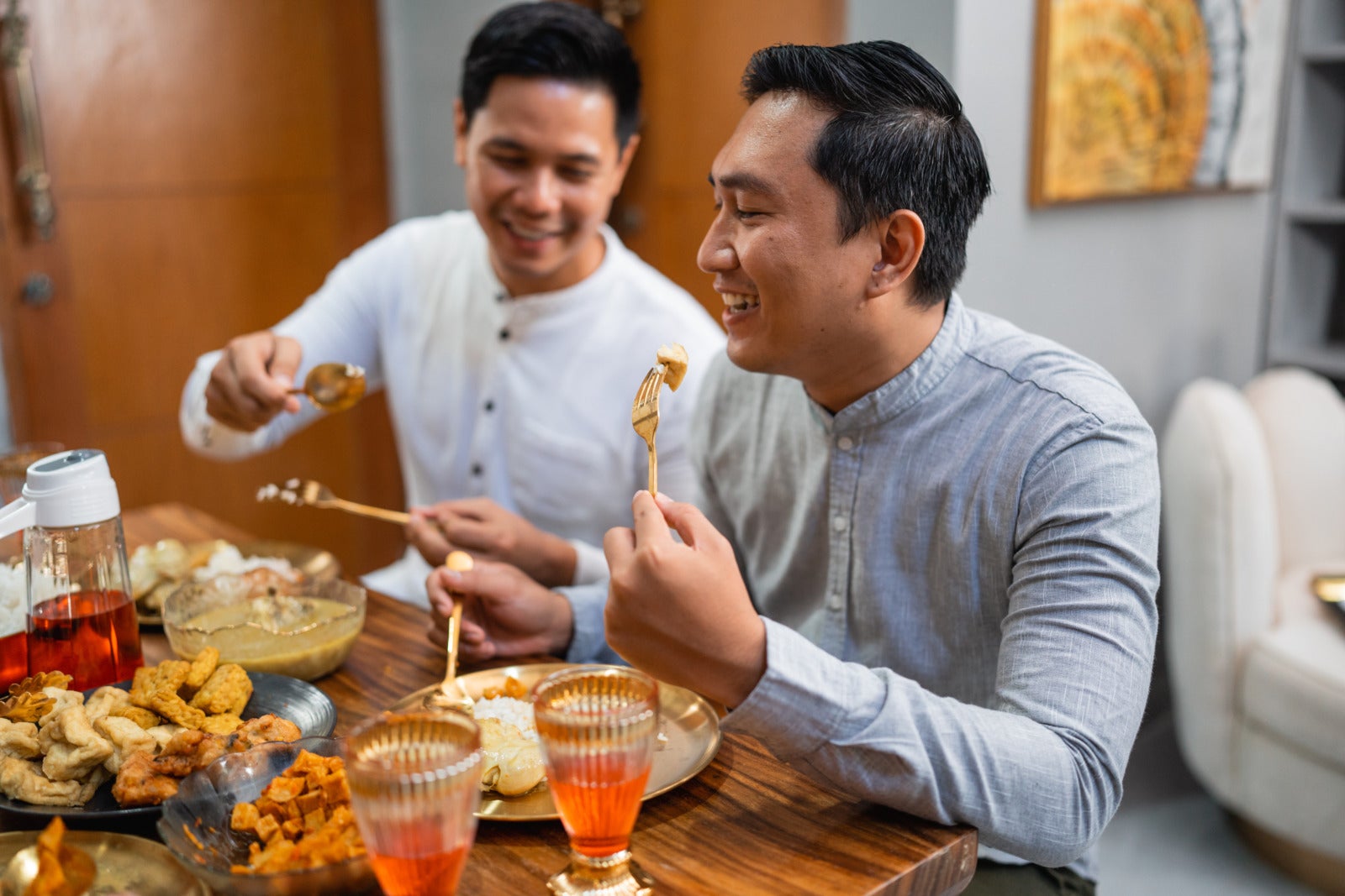 Man Eating Rice Dish Gathering Home Fork Spoon 123Rf