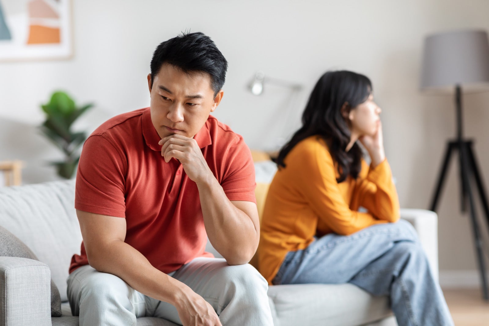 Asian Couple Man Sad Unhappy Woman Ignore Sofa Living Room 123Rf