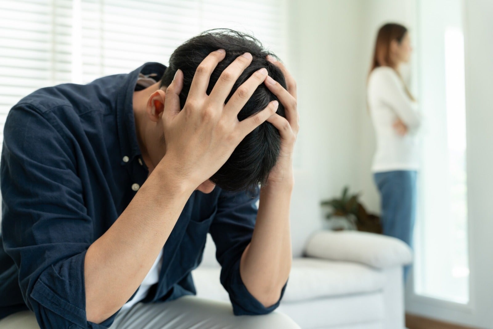Asian Couple Quarrel Argue Man Upset Depressed Cover Head 123Rf