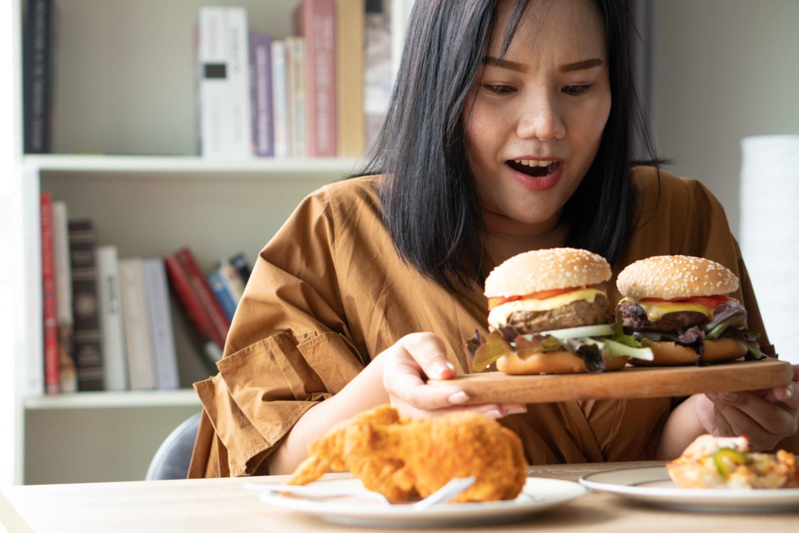 Asian Woman Hungry Happy Excited Holding Burger Fried Food 123Rf