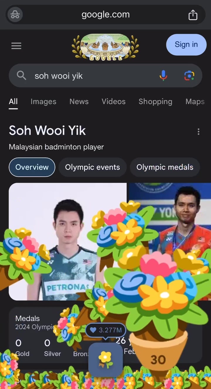 Google Olympics 2024 Winner Soh Wooi Yik Aaron Chia Flower Medal Bronze