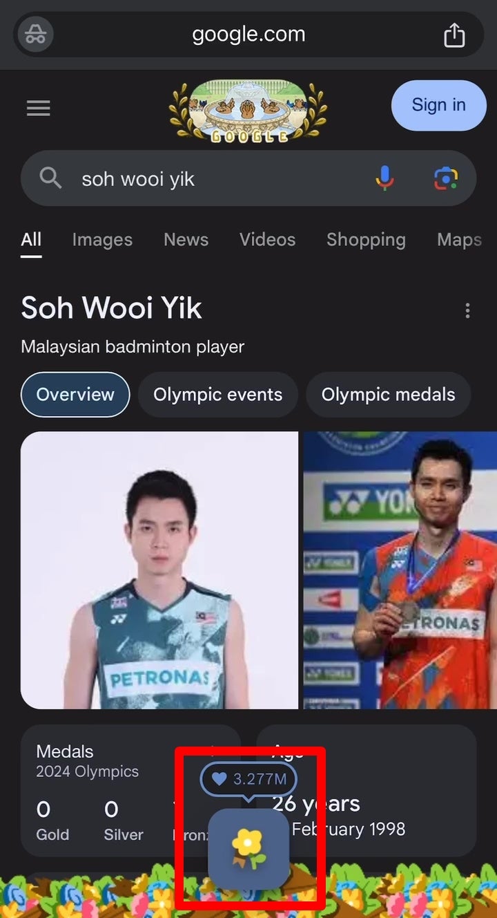 Google Olympics 2024 Winner Soh Wooi Yik Aaron Chia Flower Medal Bronze 1