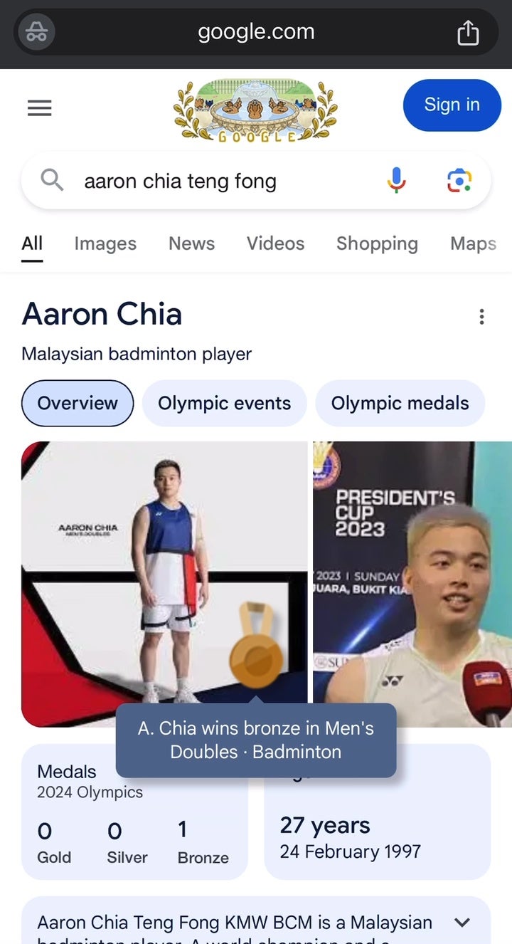 Google Olympics 2024 Winner Soh Wooi Yik Aaron Chia Flower Medal Bronze 3