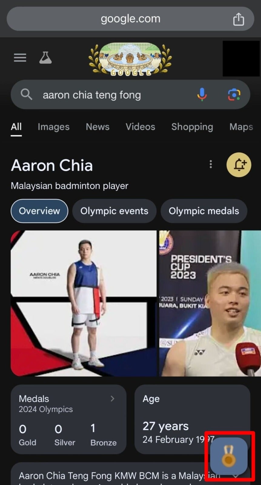 Side Button Google Olympics 2024 Winner Soh Wooi Yik Aaron Chia