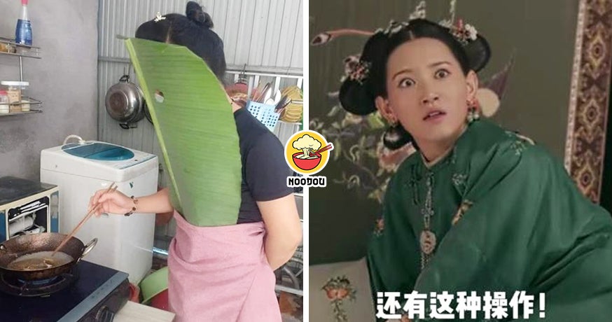 Use Banana Leaf To Protect Herself