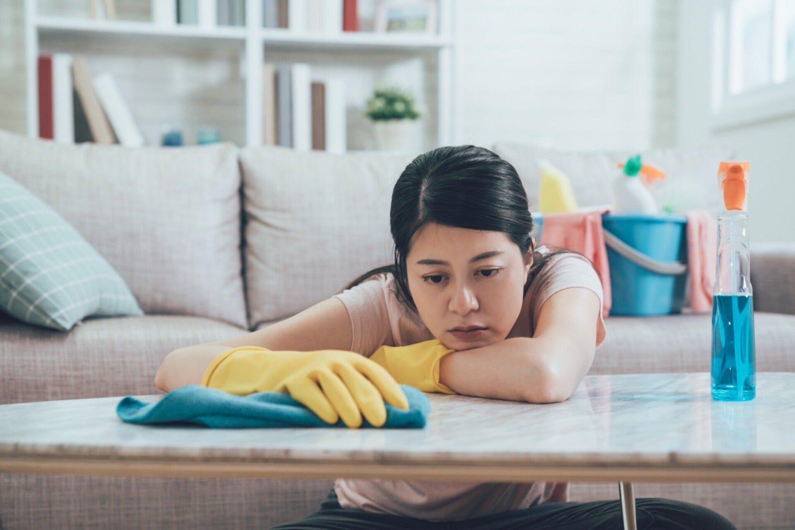 Asian Housewife Depressed Resting Head On Table Doing Housework Sad 123Rf