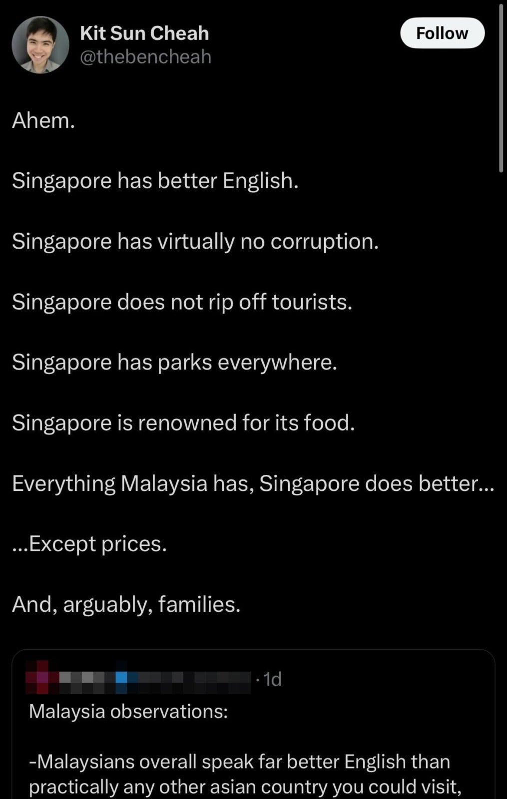 cheah writer singapore better than malaysia