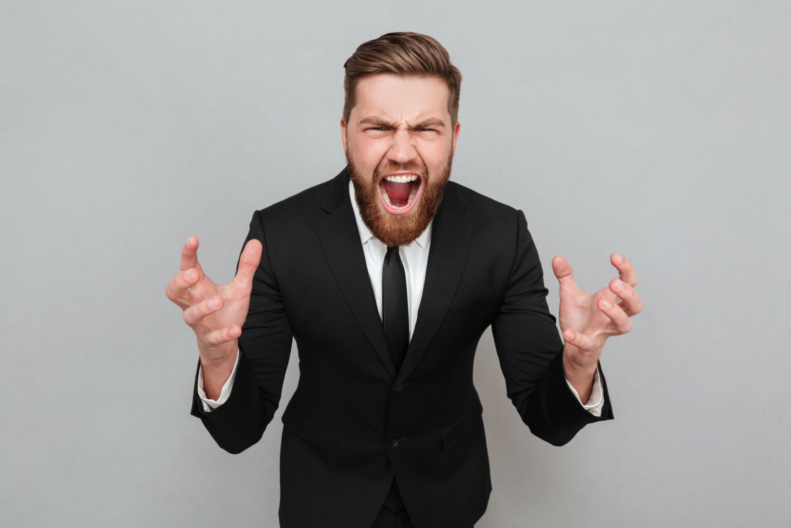 Portrait Angry Bearded Man Suit Shouting