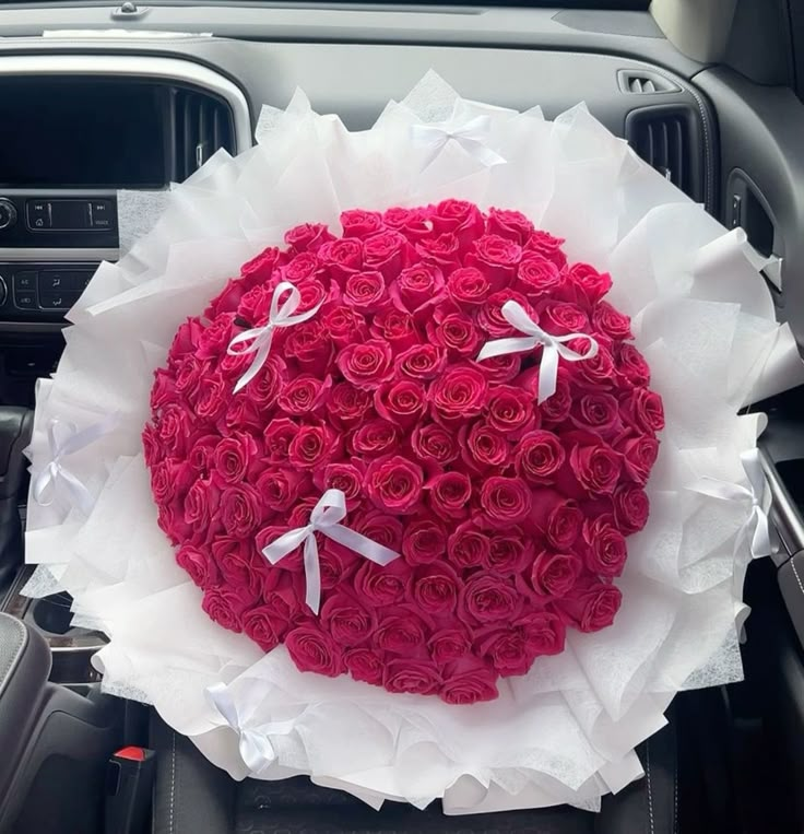 rose bouquet in car