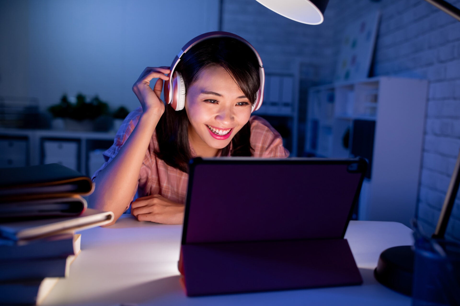 woman using ipad happy video call 123rf