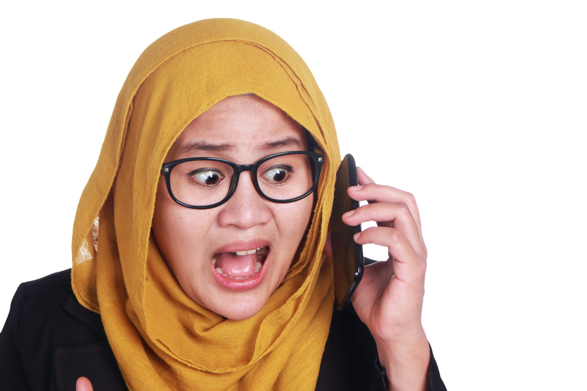 hijab muslim woman phone shocked 123rf