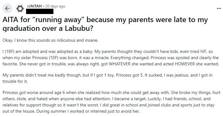 reddit parents missed graduation late labubu sister m
