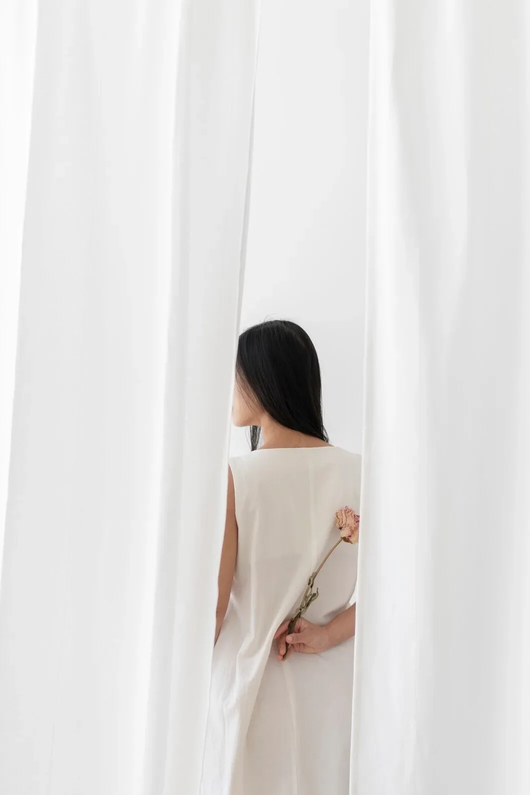 Asian Woman With Dry Pink Peony Flower Hand White Curtain 53876 97138